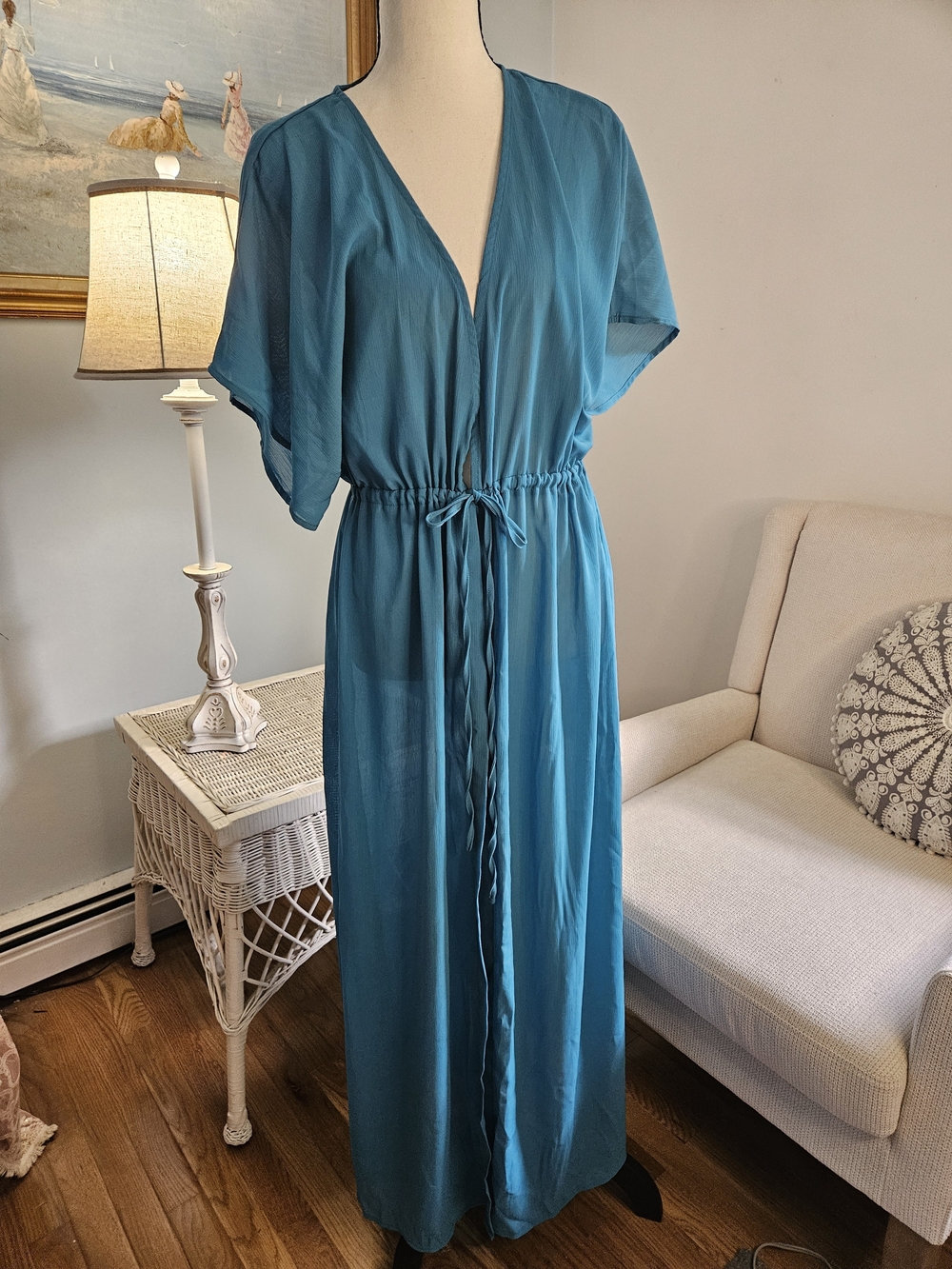 Teal V-Neck Maxi Dress with Drawstring Waist. Coverup